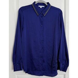 Chico's Button Up blouse Size 2 US 12 solid‎ Top satin Career Embellished Collar